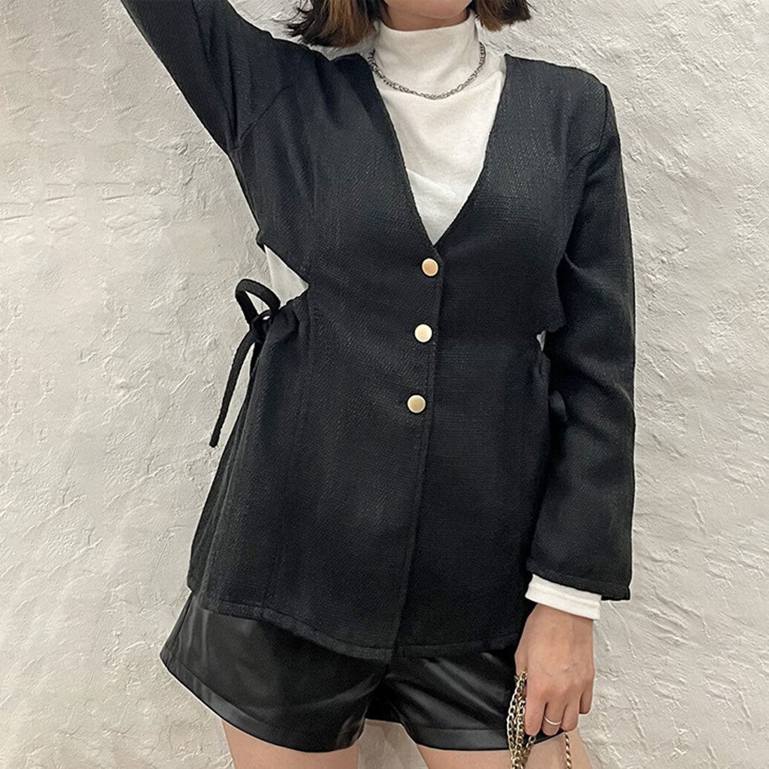 リアルスタイル REAL STYLE ジャケット レディース 秋 長袖 ノーカラー ツイード アウター 羽織り 上着 ウエストスリット ボタン ペプラム Aライン 韓国 カジュアル （ブラック(05)） ブラック(05)