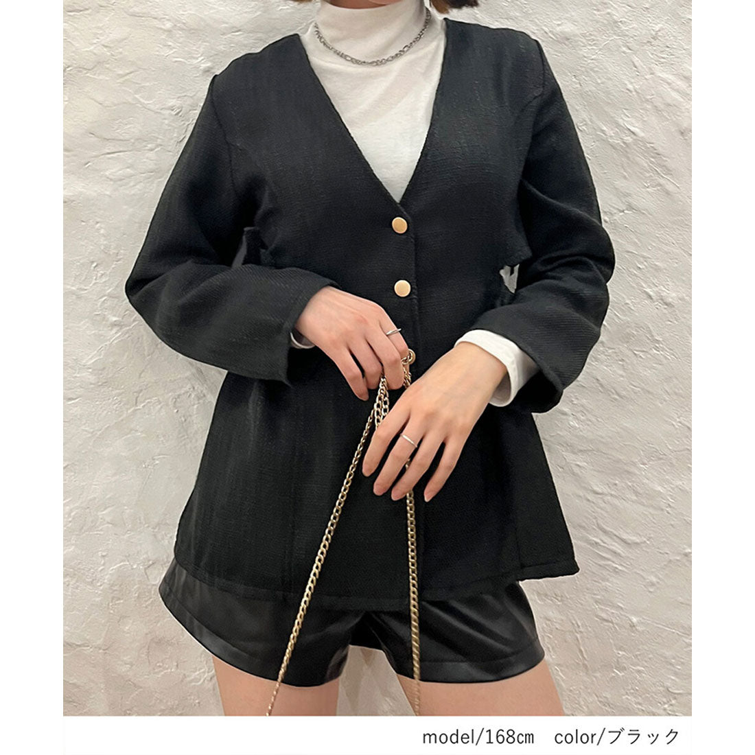 リアルスタイル REAL STYLE ジャケット レディース 秋 長袖 ノーカラー ツイード アウター 羽織り 上着 ウエストスリット ボタン ペプラム Aライン 韓国 カジュアル （ブラック(05)） ブラック(05)