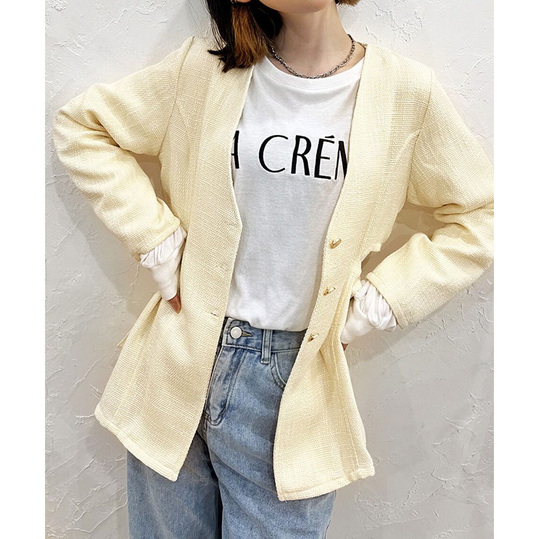 リアルスタイル REAL STYLE ジャケット レディース 秋 長袖 ノーカラー ツイード アウター 羽織り 上着 ウエストスリット ボタン ペプラム Aライン 韓国 カジュアル （ブラック(05)） ブラック(05)