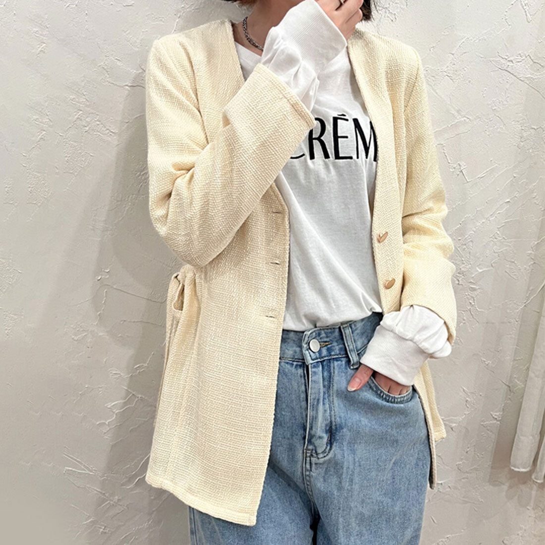 リアルスタイル REAL STYLE ジャケット レディース 秋 長袖 ノーカラー ツイード アウター 羽織り 上着 ウエストスリット ボタン ペプラム Aライン 韓国 カジュアル （アイボリー(02)） アイボリー(02)