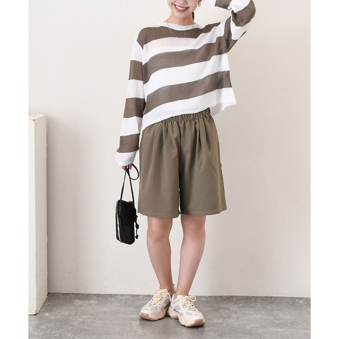 リアルスタイル REAL STYLE ニット レディース シアー メッシュ 長袖 ショート丈 夏 シースルー 透かし編み トップス ゆったり ボーダー レイヤード 重ね着 おしゃれ 韓国ファッション チンチャコリア （ブラウン） ブラウン
