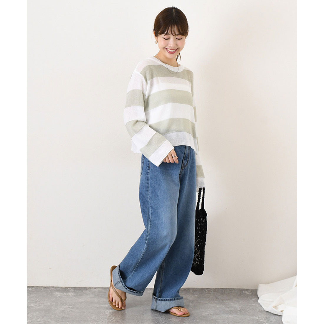 リアルスタイル REAL STYLE ニット レディース シアー メッシュ 長袖 ショート丈 夏 シースルー 透かし編み トップス ゆったり ボーダー レイヤード 重ね着 おしゃれ 韓国ファッション チンチャコリア （ブラウン） ブラウン