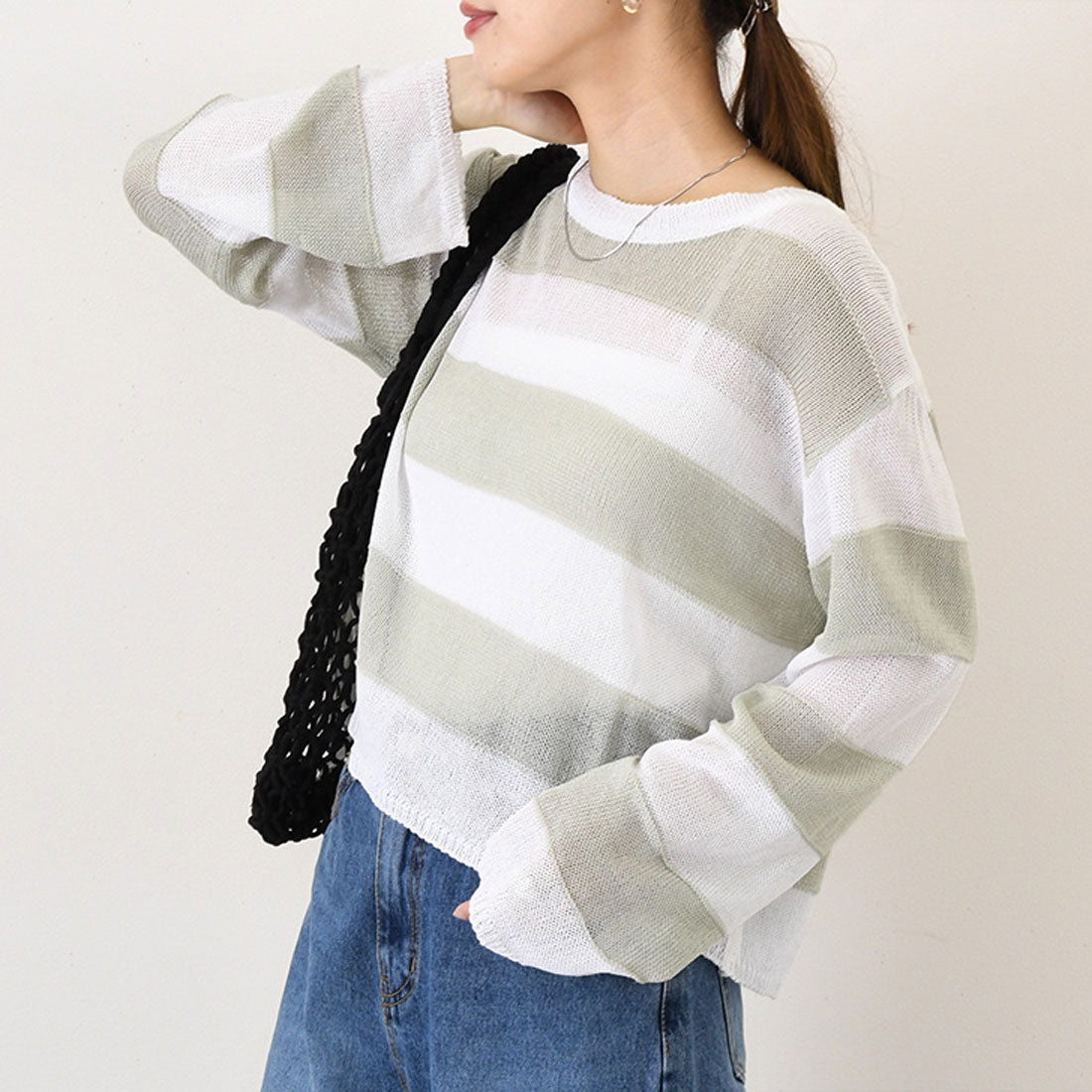 リアルスタイル REAL STYLE ニット レディース シアー メッシュ 長袖 ショート丈 夏 シースルー 透かし編み トップス ゆったり ボーダー レイヤード 重ね着 おしゃれ 韓国ファッション チンチャコリア （ブラウン） ブラウン