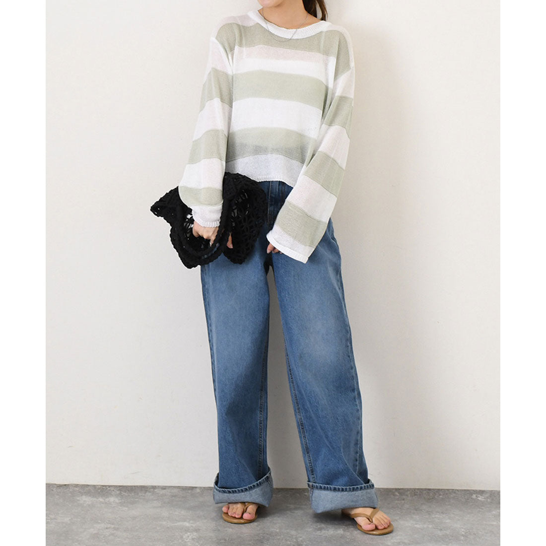 リアルスタイル REAL STYLE ニット レディース シアー メッシュ 長袖 ショート丈 夏 シースルー 透かし編み トップス ゆったり ボーダー レイヤード 重ね着 おしゃれ 韓国ファッション チンチャコリア （ブラウン） ブラウン
