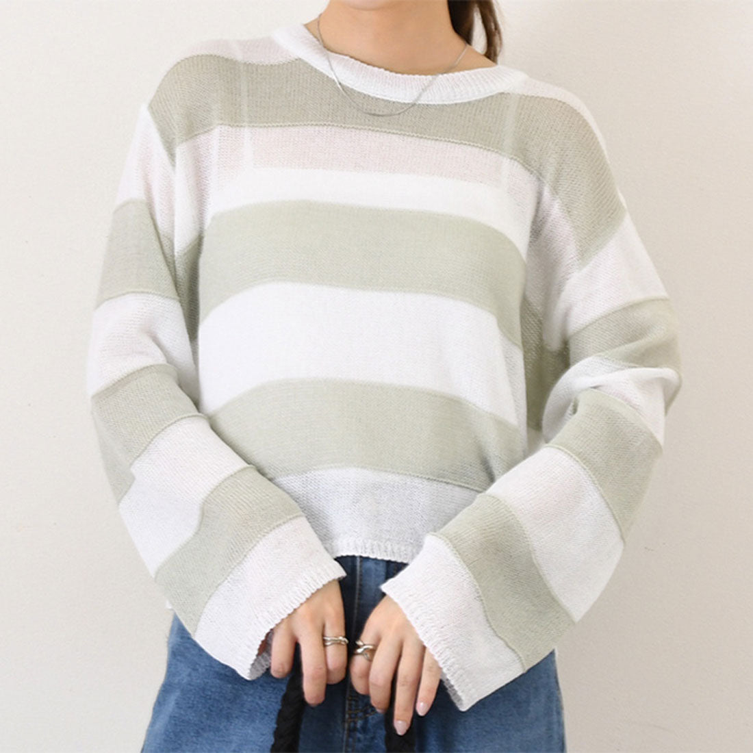 リアルスタイル REAL STYLE ニット レディース シアー メッシュ 長袖 ショート丈 夏 シースルー 透かし編み トップス ゆったり ボーダー レイヤード 重ね着 おしゃれ 韓国ファッション チンチャコリア （ミントグリーン） ミントグリーン