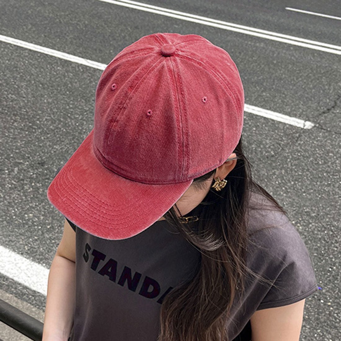 リアルスタイル REAL STYLE キャップ レディース メンズ 深め 大きいサイズ つば長 帽子 紫外線 UV コットン 綿 おしゃれ シンプル カジュアル ヴィンテージ風 （レッド） レッド