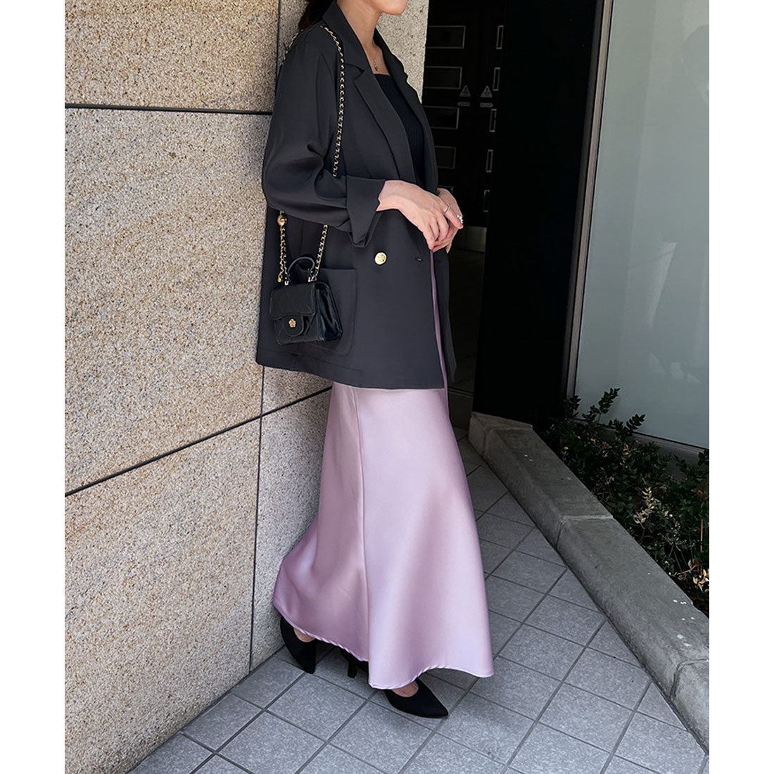 リアルスタイル REAL STYLE マーメイドスカート ロング マキシ マーメイド フレア Aライン サテン 光沢 秋 冬 ウエストゴム ストレッチ ファスナー ボトムス オフィス きれいめ 上品 （ラベンダー） ラベンダー