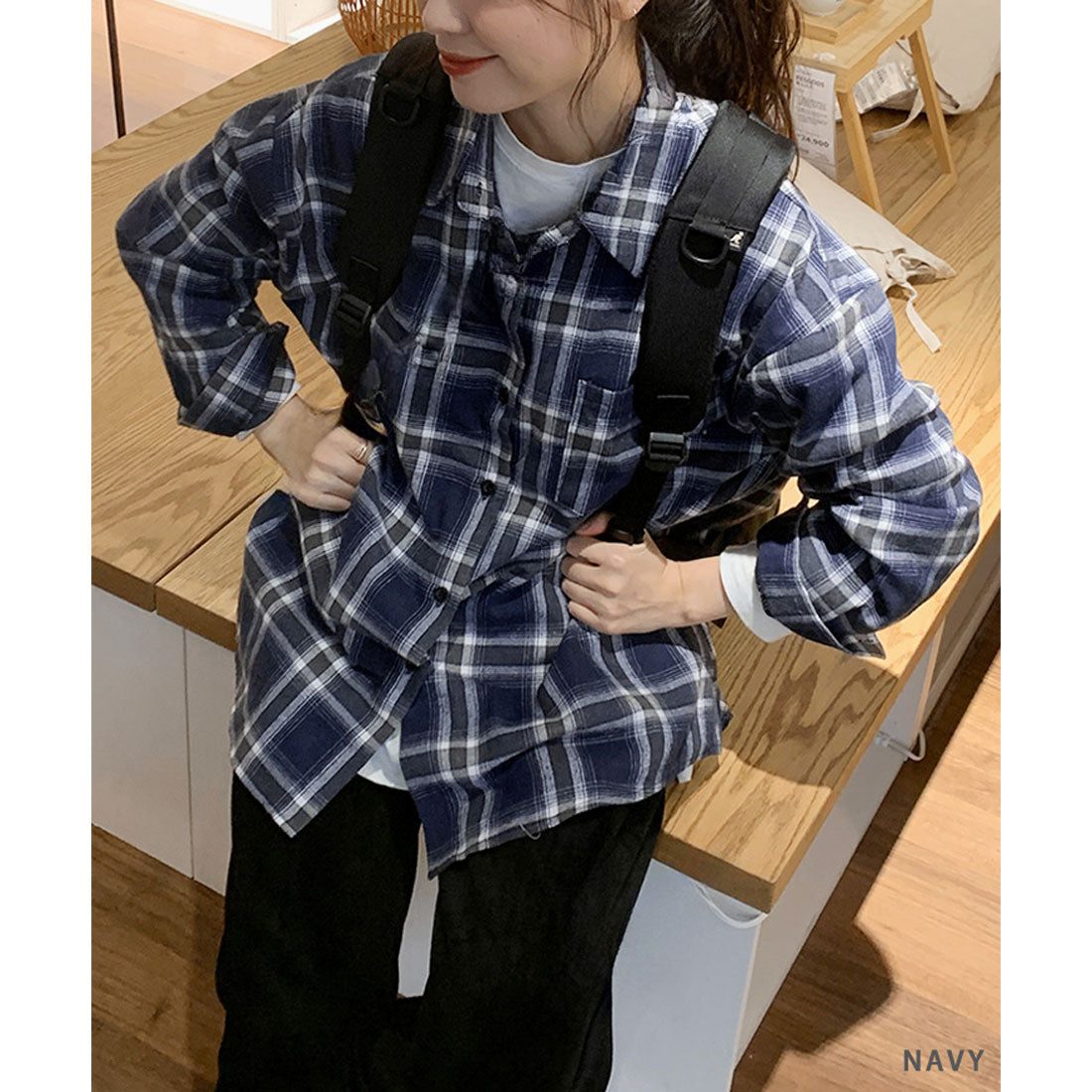リアルスタイル REAL STYLE シャツ レディース チェック柄 長袖 秋 冬 大きい ロング チェックシャツ オフィス カジュアル トップス アウター 羽織り 薄手 ゆったり （ブラック） ブラック
