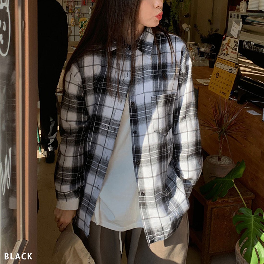 リアルスタイル REAL STYLE シャツ レディース チェック柄 長袖 秋 冬 大きい ロング チェックシャツ オフィス カジュアル トップス アウター 羽織り 薄手 ゆったり （ブラック） ブラック