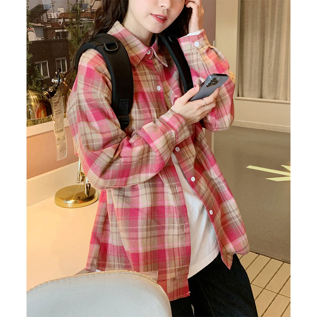 リアルスタイル REAL STYLE シャツ レディース チェック柄 長袖 秋 冬 大きい ロング チェックシャツ オフィス カジュアル トップス アウター 羽織り 薄手 ゆったり （ブラック） ブラック