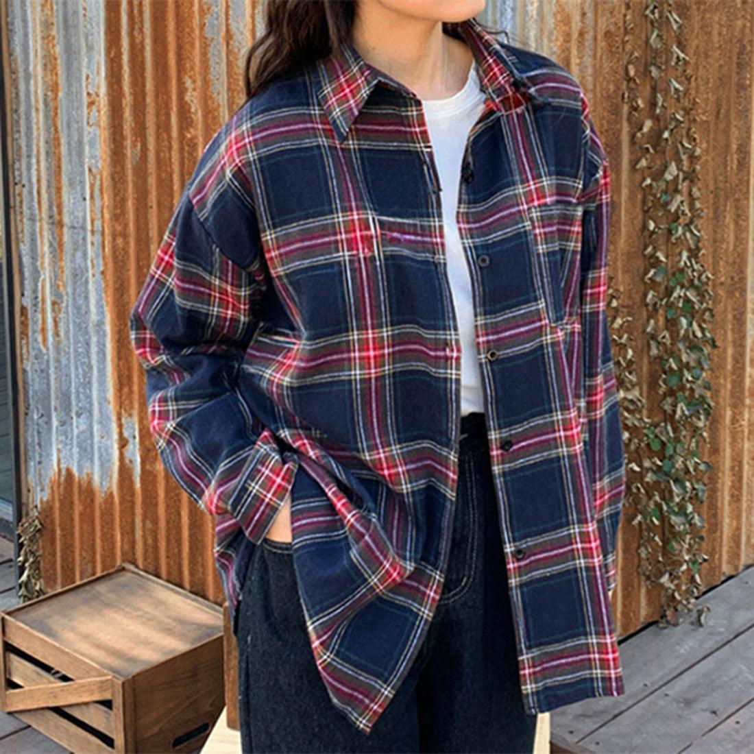 リアルスタイル REAL STYLE シャツ レディース チェック柄 長袖 秋 冬 大きい ロング チェックシャツ オフィス カジュアル トップス アウター 羽織り 薄手 ゆったり （レッド） レッド