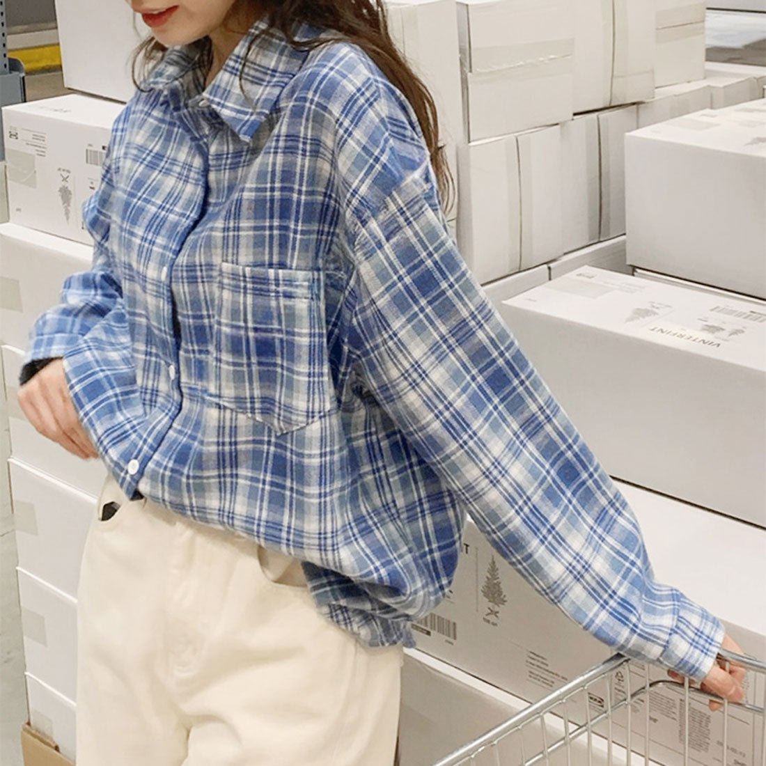 リアルスタイル REAL STYLE シャツ レディース チェック柄 長袖 秋 冬 大きい ロング チェックシャツ オフィス カジュアル トップス アウター 羽織り 薄手 ゆったり （ライトブルー） ライトブルー