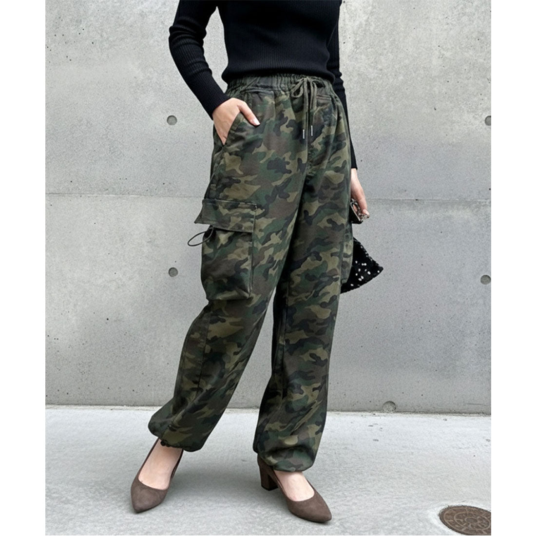 リアルスタイル REAL STYLE カーゴパンツ レディース ジョガーパンツ ワイドパンツ 薄手 秋 迷彩柄 無地 カーキ ゆったり ウエストゴム ボトムス 2way ミリタリー （カーキ） カーキ