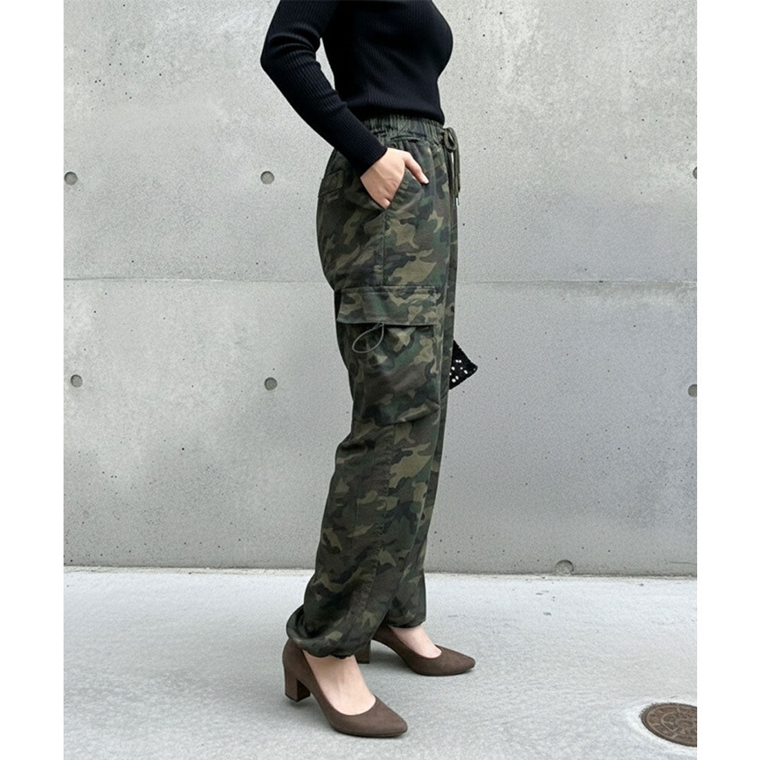 リアルスタイル REAL STYLE カーゴパンツ レディース ジョガーパンツ ワイドパンツ 薄手 秋 迷彩柄 無地 カーキ ゆったり ウエストゴム ボトムス 2way ミリタリー （カーキ） カーキ