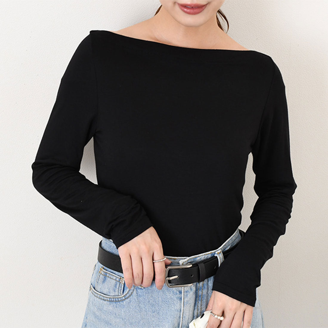 リアルスタイル REAL STYLE カットソー レディース 長袖 薄手 春 夏 秋 冬 ボートネック トップス インナー 無地 オフィス OL きれいめ 韓国ファッション 韓国ファッション チンチャコリア （ブラック） ブラック