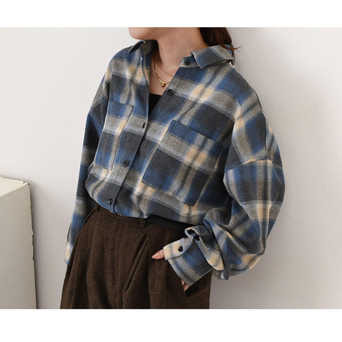 リアルスタイル REAL STYLE シャツ レディース チェック柄 長袖 秋 冬 大きい ビエラ オフィス きれいめ カジュアル トップス アウター 羽織り 大きいサイズ 薄手 （ブラック(6)） ブラック(6)
