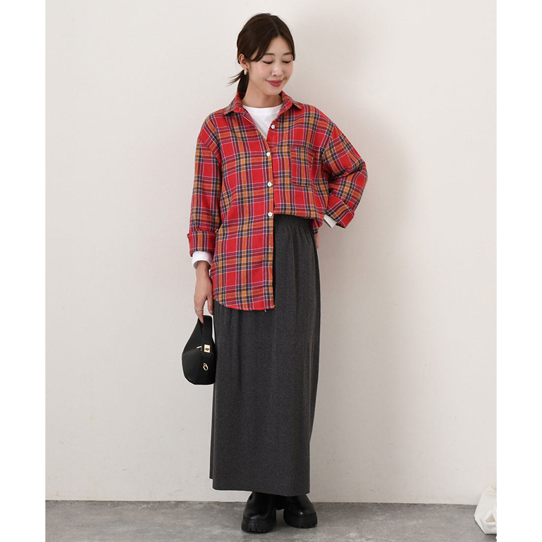 リアルスタイル REAL STYLE チェックシャツ レディース 長袖 秋 冬 大きい ゆったり ロング カジュアル トップス アウター 羽織り 薄手 おしゃれ 韓国ファッション （レッド） レッド