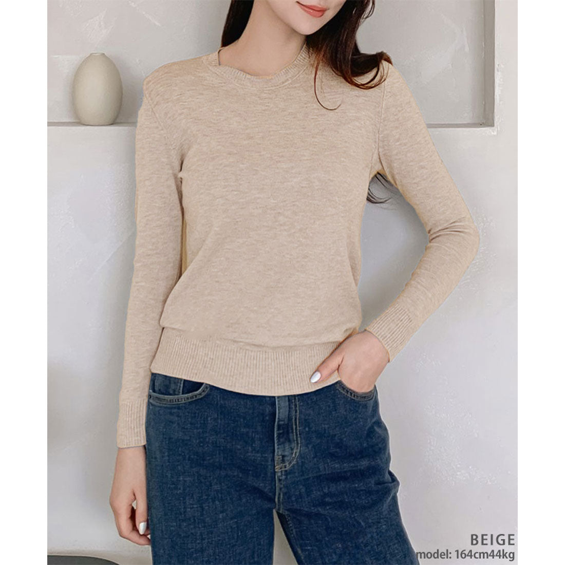 リアルスタイル REAL STYLE ニット レディース 秋 冬 長袖 薄手 インナー セーター トップス ストレッチ 暖かい あったか きれいめ オフィス カジュアル OL 無地 （アイボリー） アイボリー