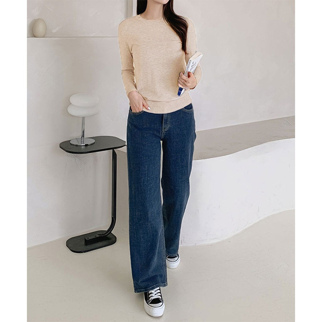 リアルスタイル REAL STYLE ニット レディース 秋 冬 長袖 薄手 インナー セーター トップス ストレッチ 暖かい あったか きれいめ オフィス カジュアル OL 無地 （アイボリー） アイボリー