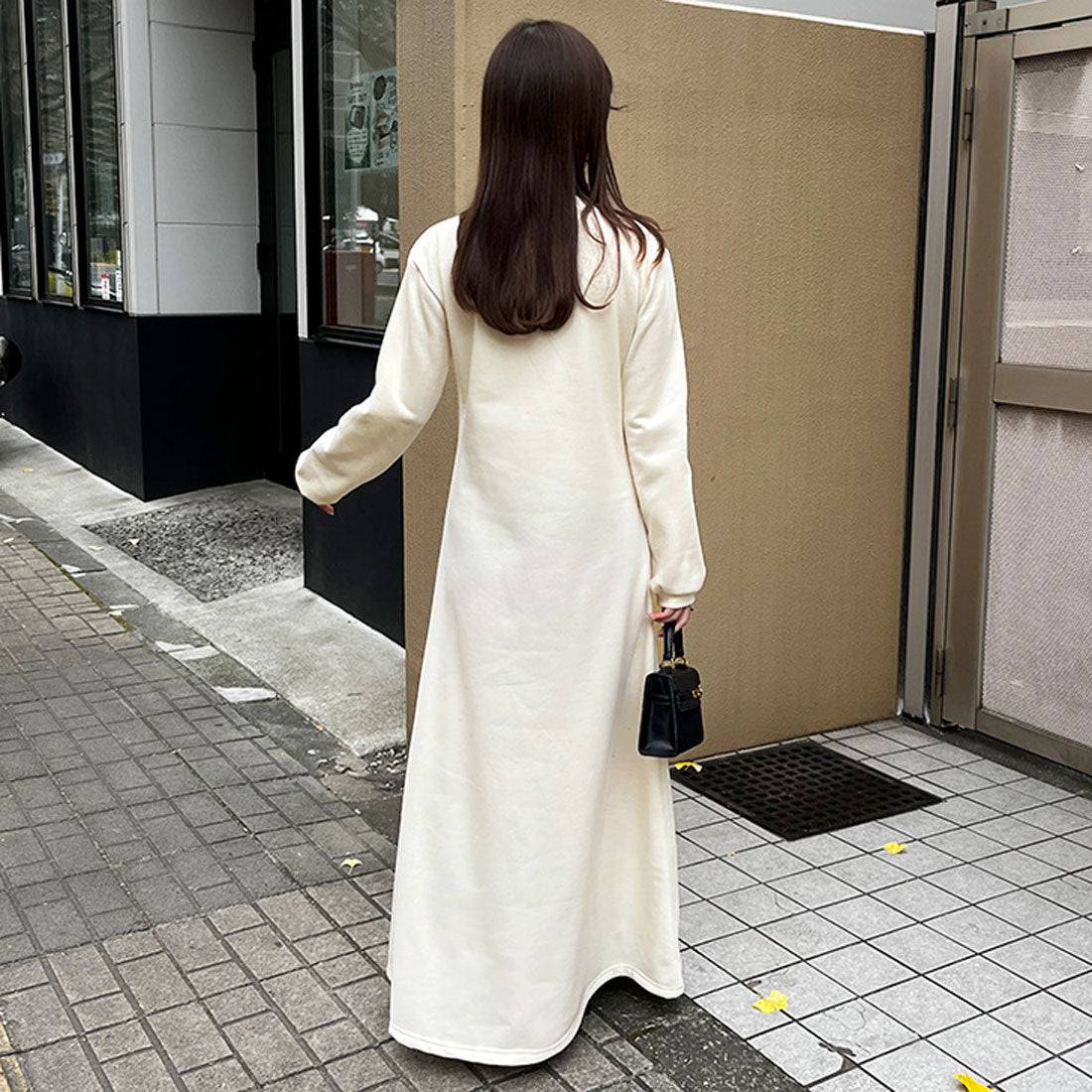 リアルスタイル REAL STYLE ワンピース レディース マキシ 高身長 ロング 長袖 冬 裏起毛 厚手 スウェット スエット 暖かい 防寒 カジュアル 部屋着 ルームウェア 韓国ファッション チンチャコリア （ブラック） ブラック