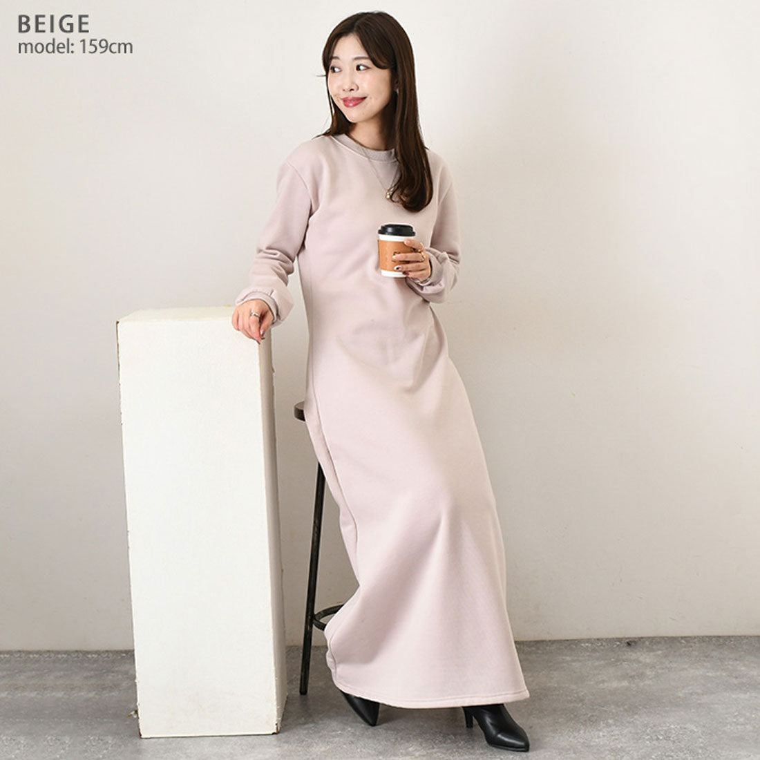 リアルスタイル REAL STYLE ワンピース レディース マキシ 高身長 ロング 長袖 冬 裏起毛 厚手 スウェット スエット 暖かい 防寒 カジュアル 部屋着 ルームウェア 韓国ファッション チンチャコリア （ブラック） ブラック