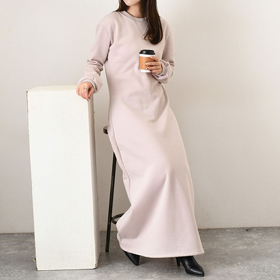 リアルスタイル REAL STYLE ワンピース レディース マキシ 高身長 ロング 長袖 冬 裏起毛 厚手 スウェット スエット 暖かい 防寒 カジュアル 部屋着 ルームウェア 韓国ファッション チンチャコリア （ベージュ） ベージュ
