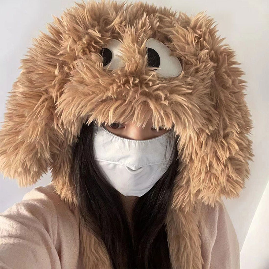 リアルスタイル REAL STYLE バラクラバ 帽子 レディース 防寒 冬 あったか 耳当て キャップ ハット 耳付き コスプレ 仮装 被り物 ボア フェイクファー 垂れ耳 目玉 （ベージュ） ベージュ
