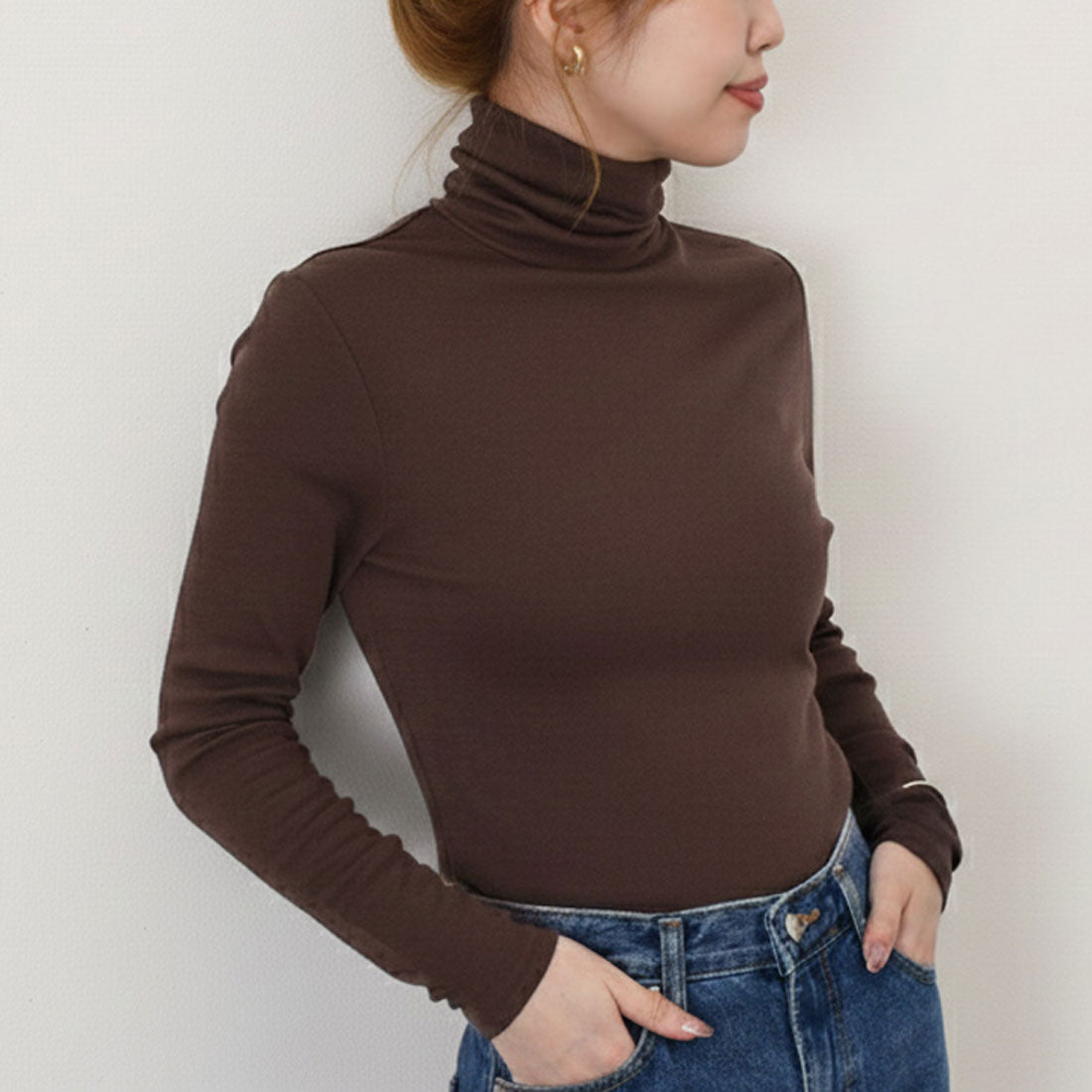 リアルスタイル REAL STYLE カットソー レディース 裏微起毛 あったか 長袖 タートルネック 薄手 暖かい 秋 冬 春 インナー トップス タイト オフィス デイリー 韓国ファッション チンチャコリア （ダークブラウン） ダークブラウン