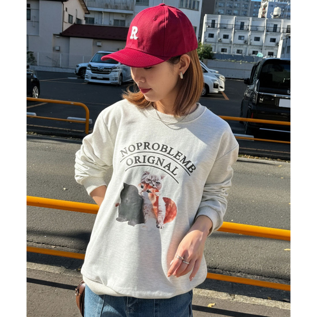 リアルスタイル REAL STYLE ライトスウェット レディース 長袖 薄手 春 夏 秋 冬 トップス カットソー トレーナー ライトスエット ロゴ キャット 猫 プリント 韓国 （オートミール） オートミール