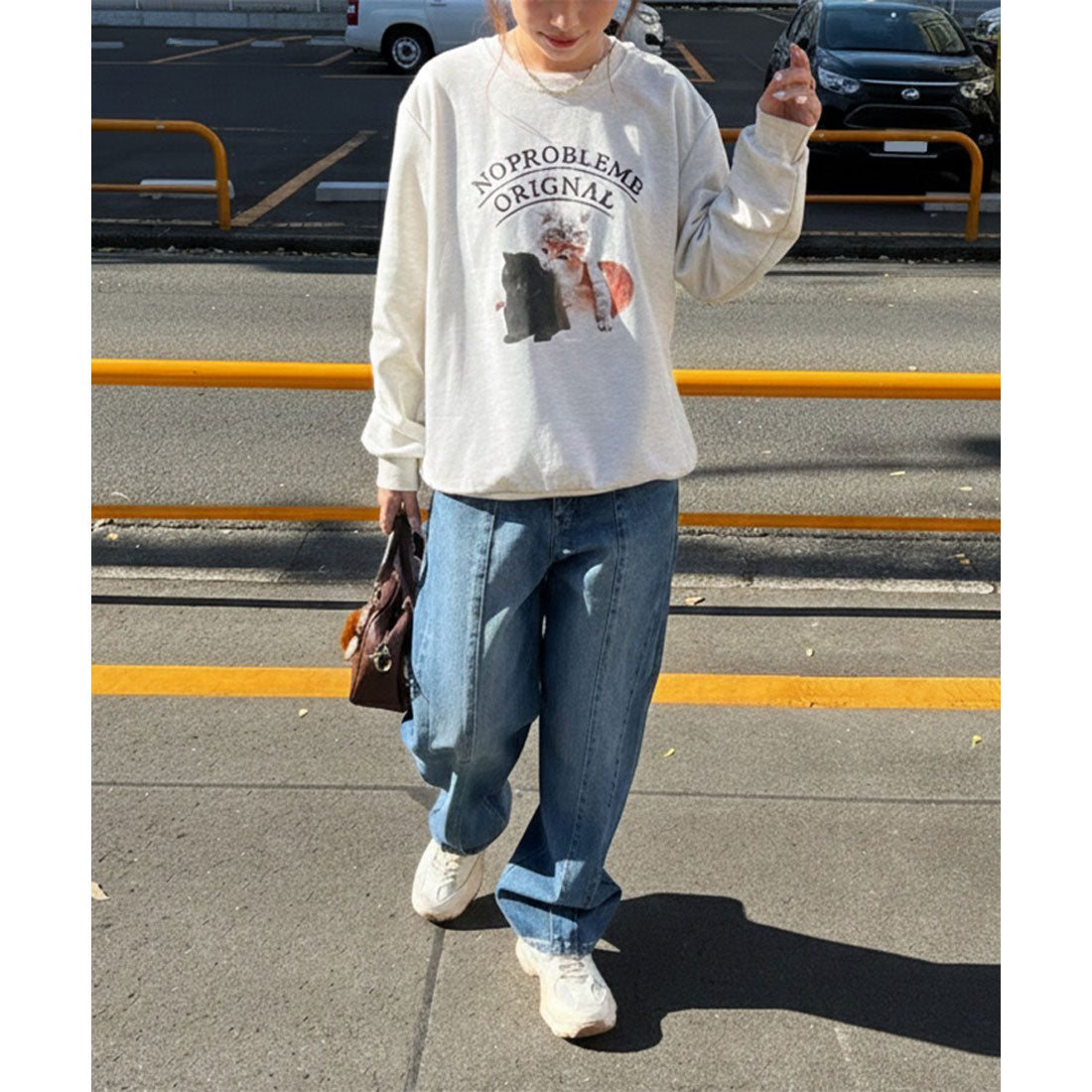 リアルスタイル REAL STYLE ライトスウェット レディース 長袖 薄手 春 夏 秋 冬 トップス カットソー トレーナー ライトスエット ロゴ キャット 猫 プリント 韓国 （オートミール） オートミール