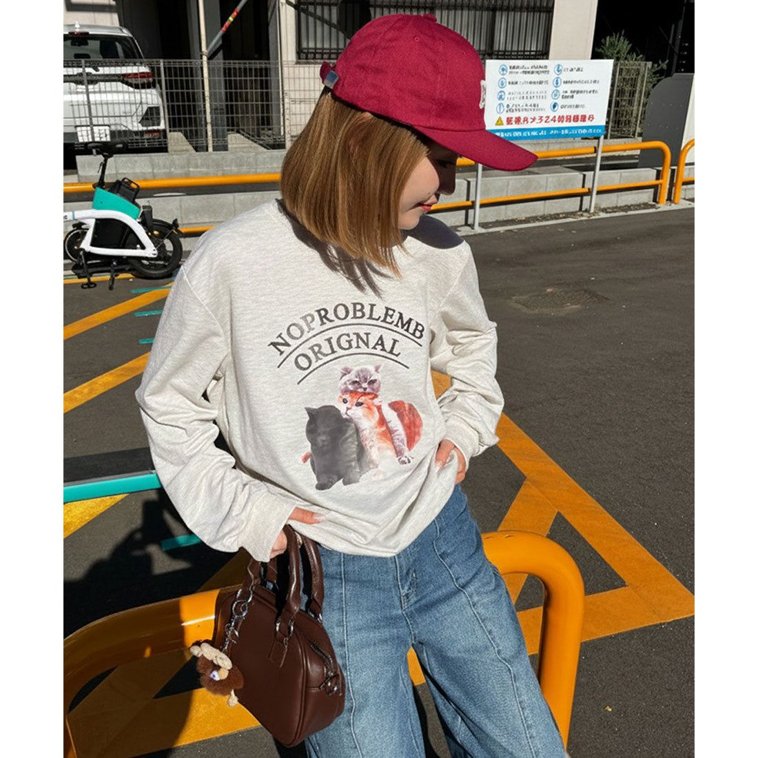 リアルスタイル REAL STYLE ライトスウェット レディース 長袖 薄手 春 夏 秋 冬 トップス カットソー トレーナー ライトスエット ロゴ キャット 猫 プリント 韓国 （オートミール） オートミール