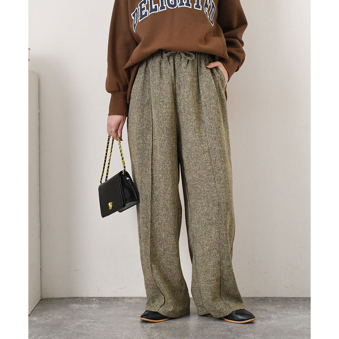 リアルスタイル REAL STYLE ワイドパンツ レディース 春 夏 秋 冬 きれいめ ツイード 薄手 ウエストゴム ハイウエスト ボトムス おしゃれ オフィス シワになりにくい （ブラック） ブラック