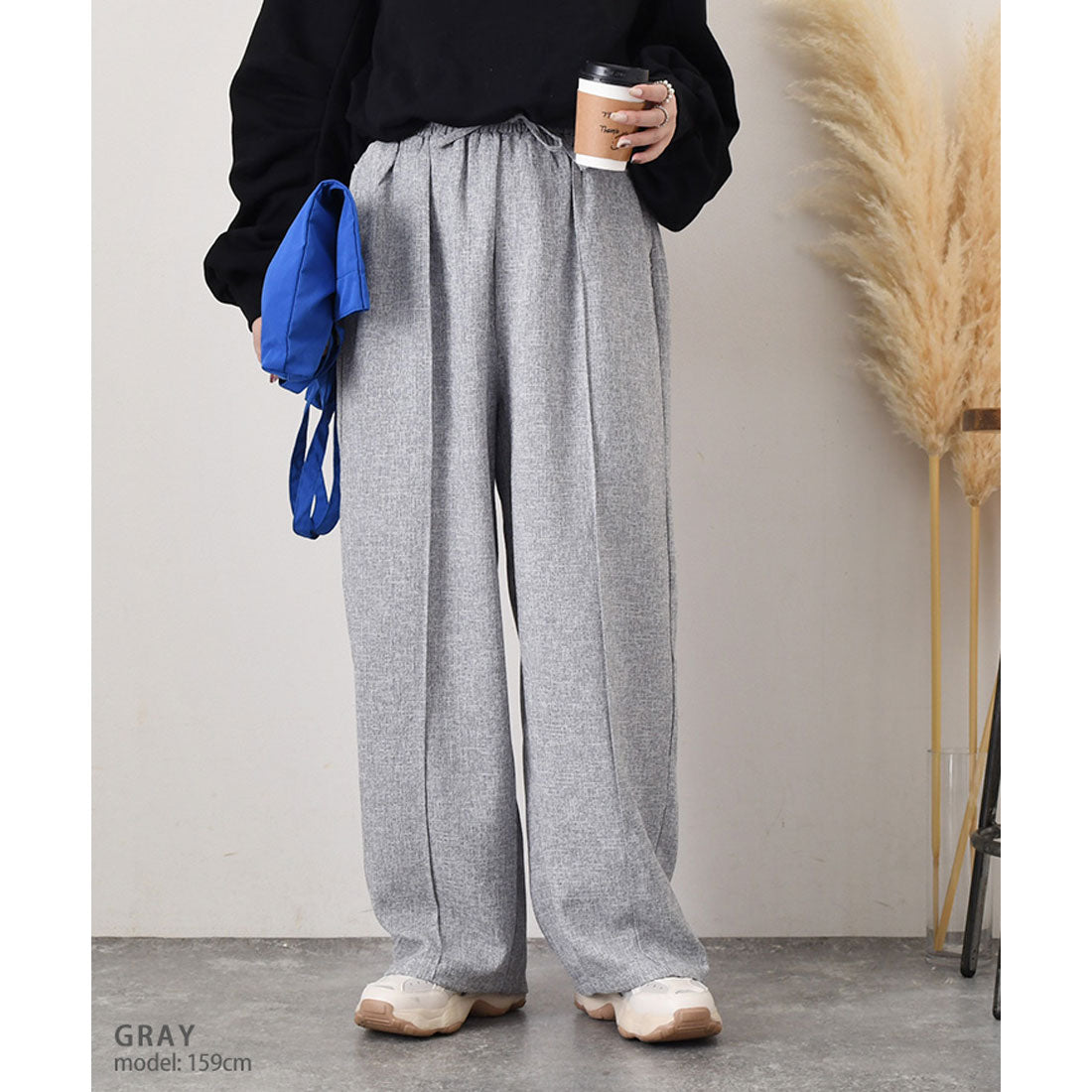 リアルスタイル REAL STYLE ワイドパンツ レディース 春 夏 秋 冬 きれいめ ツイード 薄手 ウエストゴム ハイウエスト ボトムス おしゃれ オフィス シワになりにくい （ブラック） ブラック