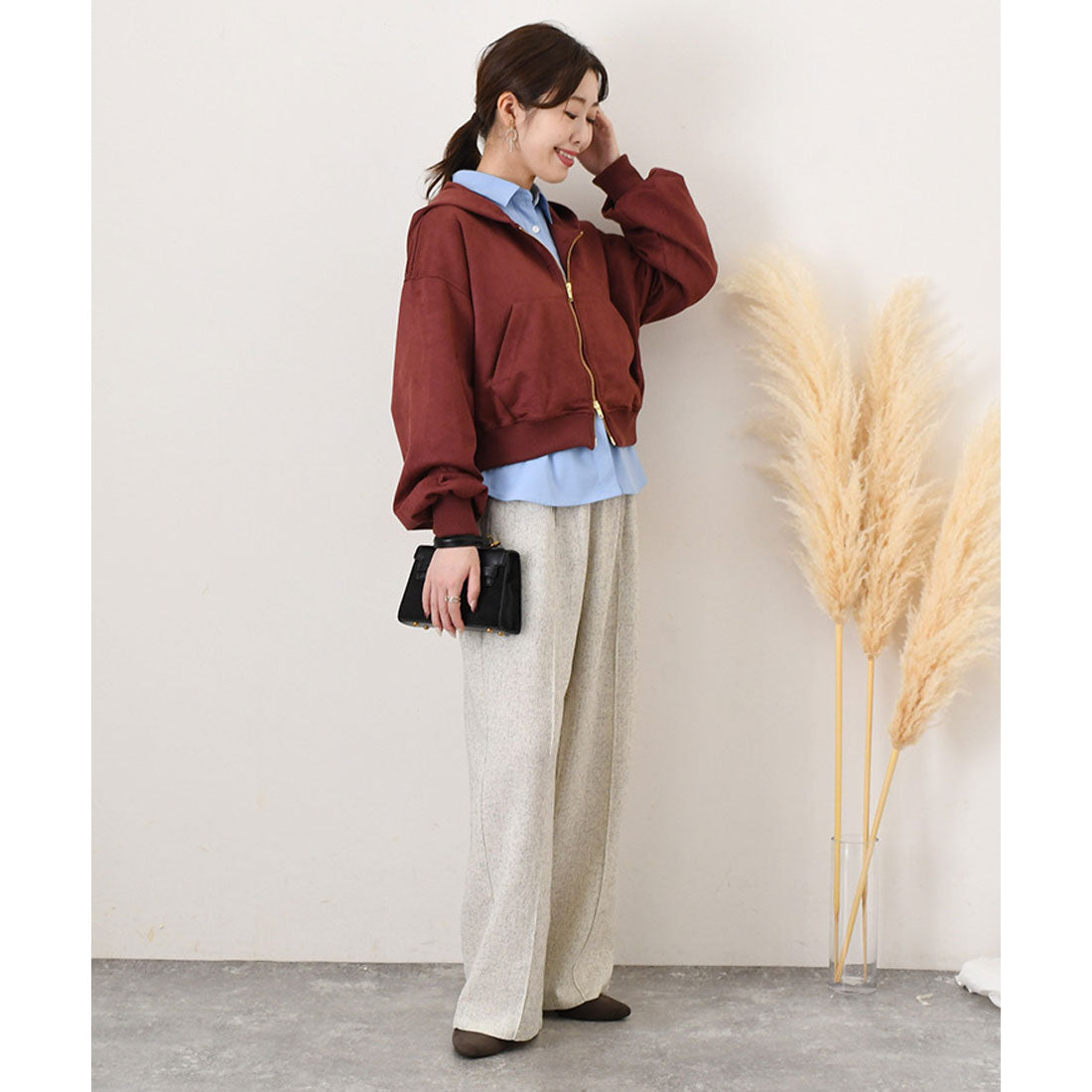 リアルスタイル REAL STYLE ワイドパンツ レディース 春 夏 秋 冬 きれいめ ツイード 薄手 ウエストゴム ハイウエスト ボトムス おしゃれ オフィス シワになりにくい （ブラック） ブラック