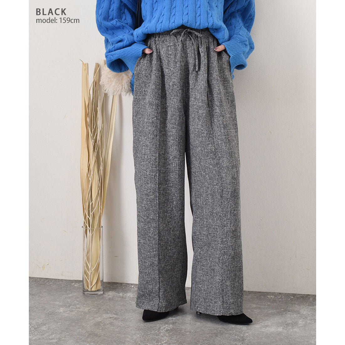 リアルスタイル REAL STYLE ワイドパンツ レディース 春 夏 秋 冬 きれいめ ツイード 薄手 ウエストゴム ハイウエスト ボトムス おしゃれ オフィス シワになりにくい （ブラック） ブラック