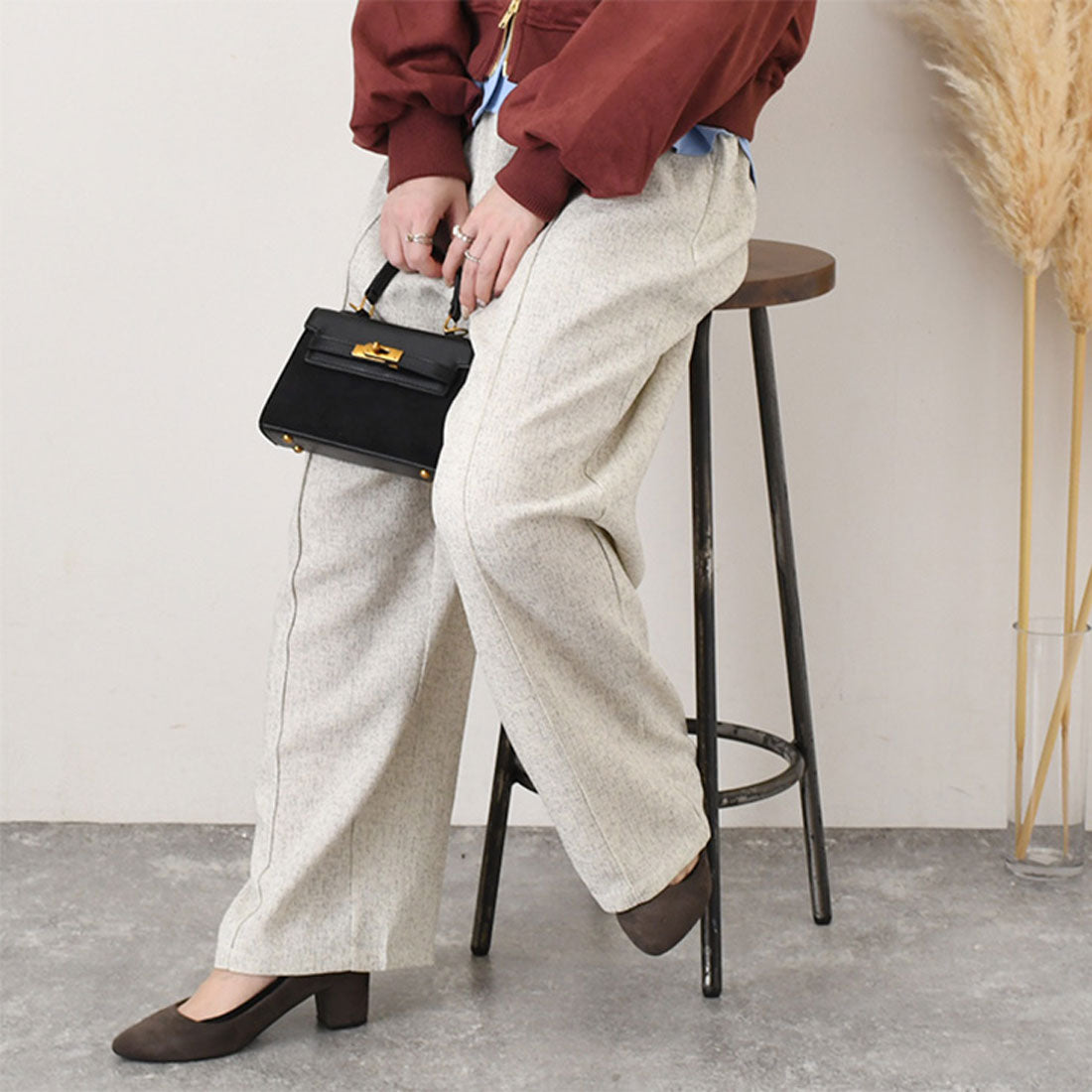 リアルスタイル REAL STYLE ワイドパンツ レディース 春 夏 秋 冬 きれいめ ツイード 薄手 ウエストゴム ハイウエスト ボトムス おしゃれ オフィス シワになりにくい （アイボリー） アイボリー