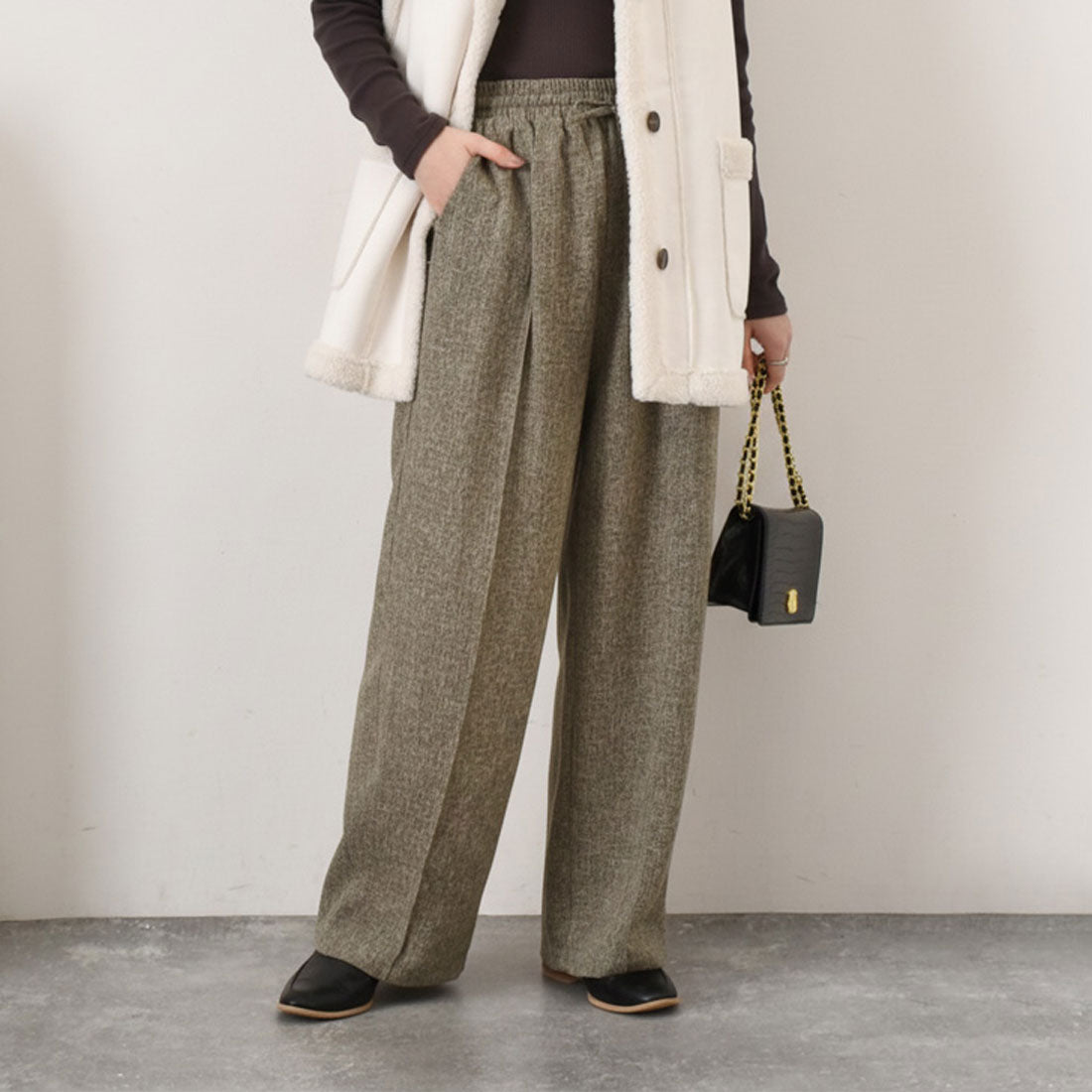 リアルスタイル REAL STYLE ワイドパンツ レディース 春 夏 秋 冬 きれいめ ツイード 薄手 ウエストゴム ハイウエスト ボトムス おしゃれ オフィス シワになりにくい （ブラウン） ブラウン