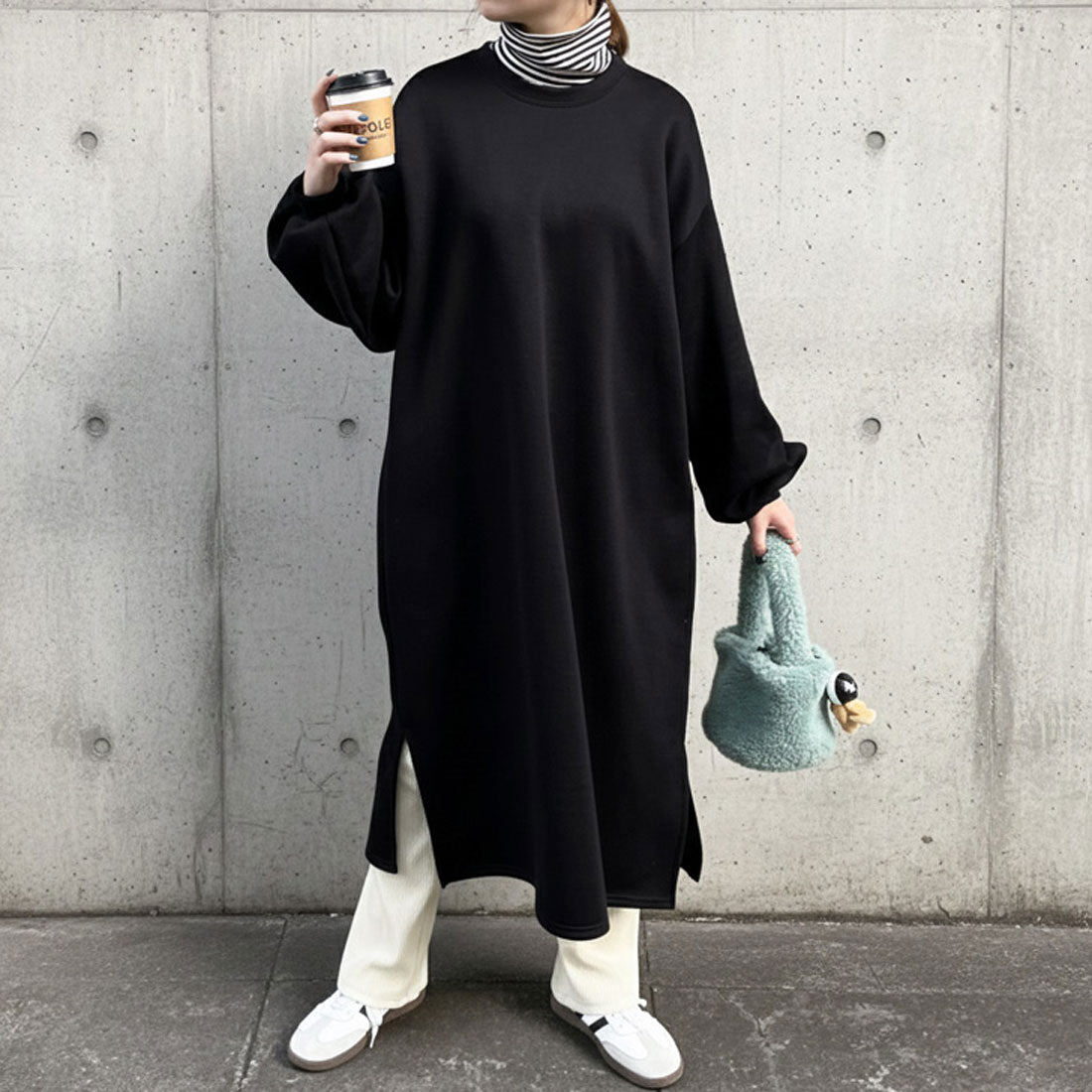 リアルスタイル REAL STYLE ワンピース レディース 長袖 秋 冬 ロング きれいめ 裏起毛 暖かい スウェット スエット Iライン ストレート おしゃれ 膝下 長袖 韓国ファッション チンチャコリア （ブラック） ブラック