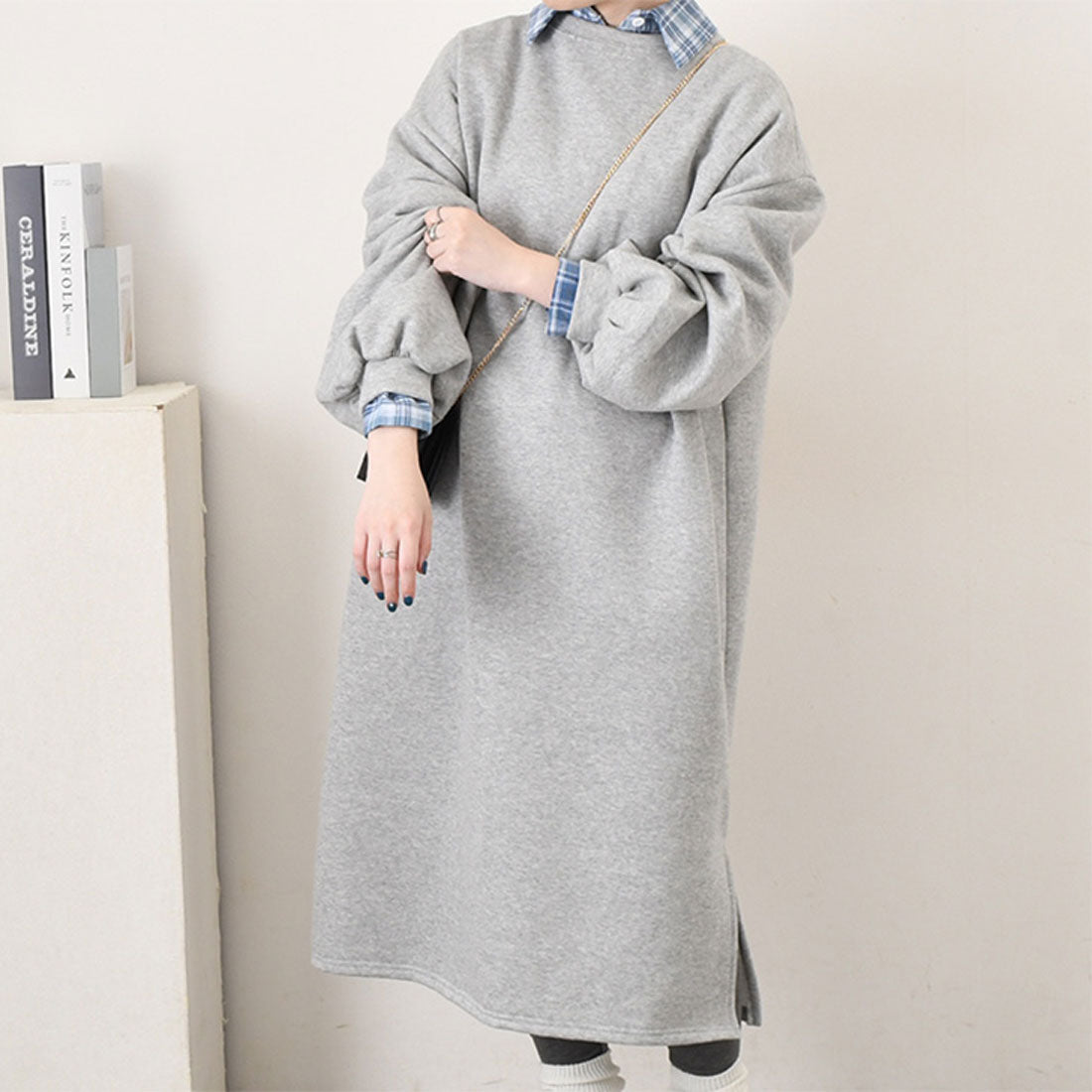 リアルスタイル REAL STYLE ワンピース レディース 長袖 秋 冬 ロング きれいめ 裏起毛 暖かい スウェット スエット Iライン ストレート おしゃれ 膝下 長袖 韓国ファッション チンチャコリア （グレー） グレー