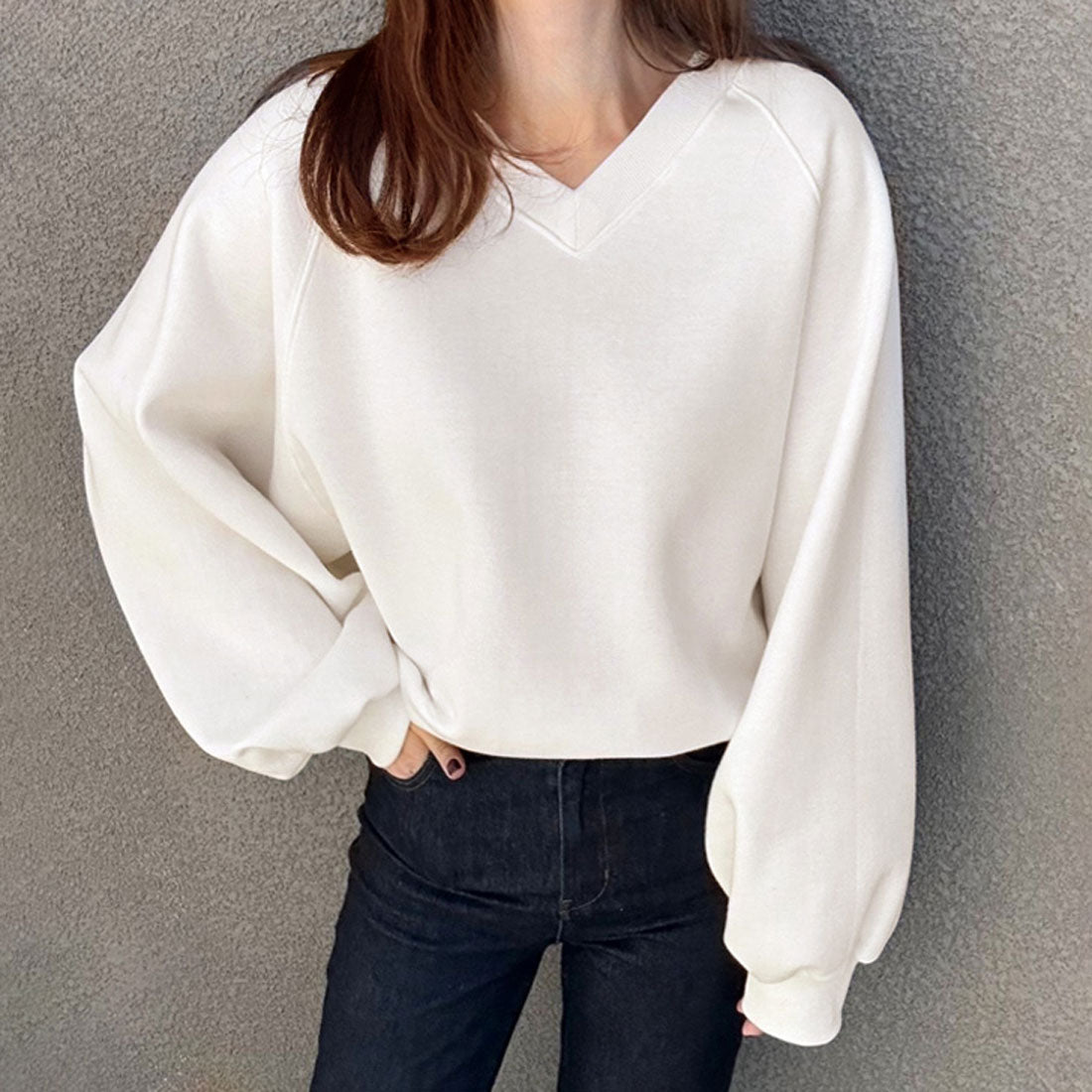 リアルスタイル REAL STYLE スウェット レディース 裏起毛 ゆったり 大きいサイズ 厚手 冬 暖かい あったか トップス トレーナー スエット ラグラン Vネック 韓国 韓国ファッション チンチャコリア （オフホワイト） オフホワイト