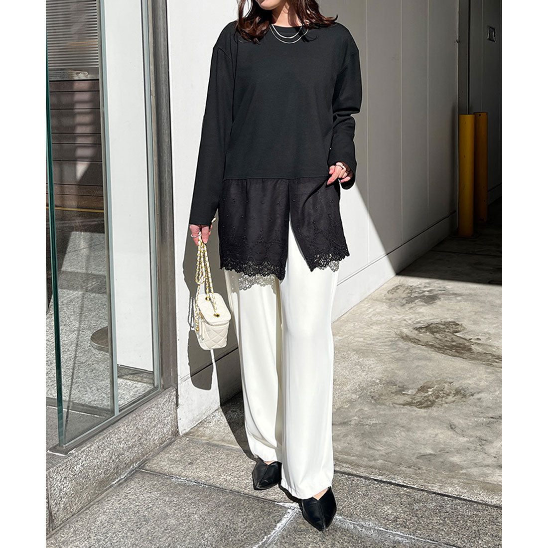 リアルスタイル REAL STYLE カットソー レディース 長袖 裾レース ドッキング 春 トップス チュニック ゆったり 大きいサイズ 付け裾 レイヤード風 重ね着風 おしゃれ （オフホワイト） オフホワイト