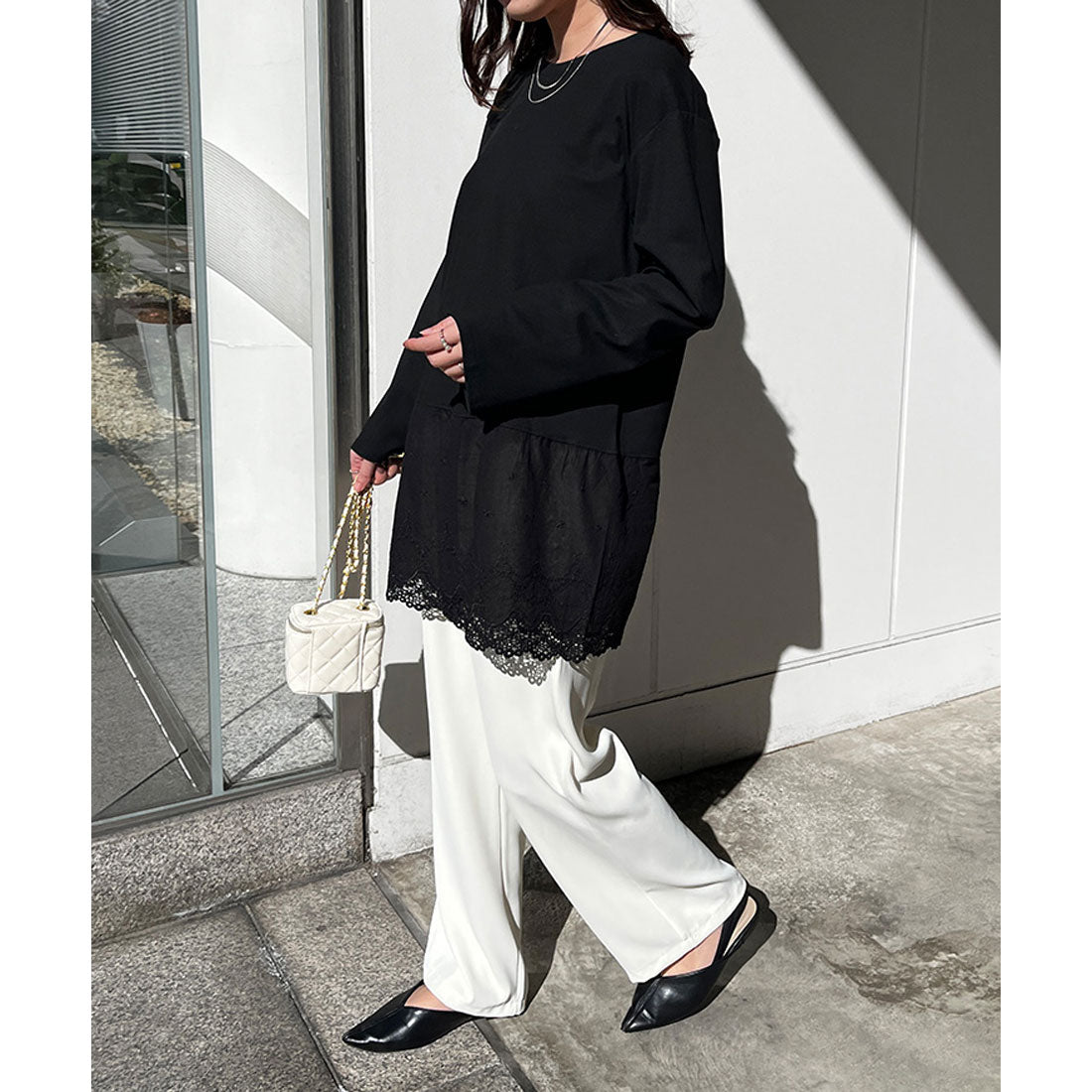 リアルスタイル REAL STYLE カットソー レディース 長袖 裾レース ドッキング 春 トップス チュニック ゆったり 大きいサイズ 付け裾 レイヤード風 重ね着風 おしゃれ （オフホワイト） オフホワイト