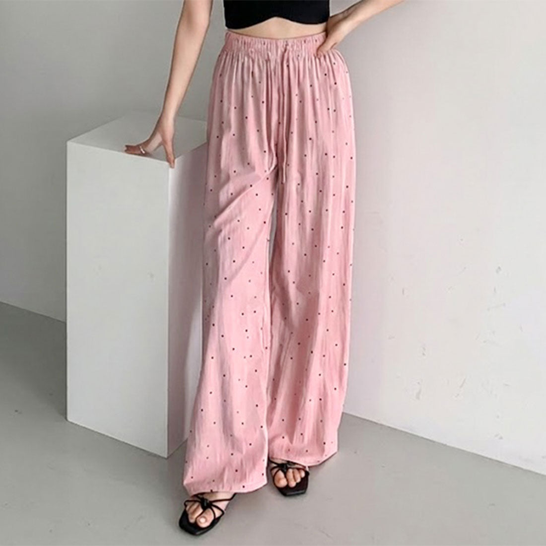 リアルスタイル REAL STYLE ワイドパンツ レディース 春 夏 ドット柄 丈長め 涼しい 薄手 速乾 ボトムス ズボン ゆったり 軽量 ウエストゴム ラフ 韓国 部屋着 （ピンク） ピンク