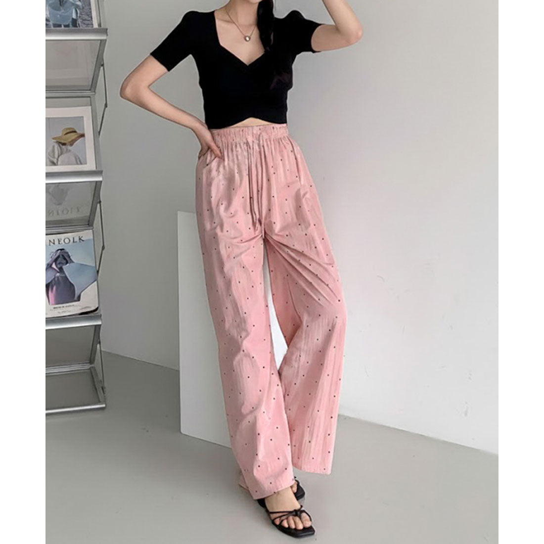リアルスタイル REAL STYLE ワイドパンツ レディース 春 夏 ドット柄 丈長め 涼しい 薄手 速乾 ボトムス ズボン ゆったり 軽量 ウエストゴム ラフ 韓国 部屋着 （ピンク） ピンク