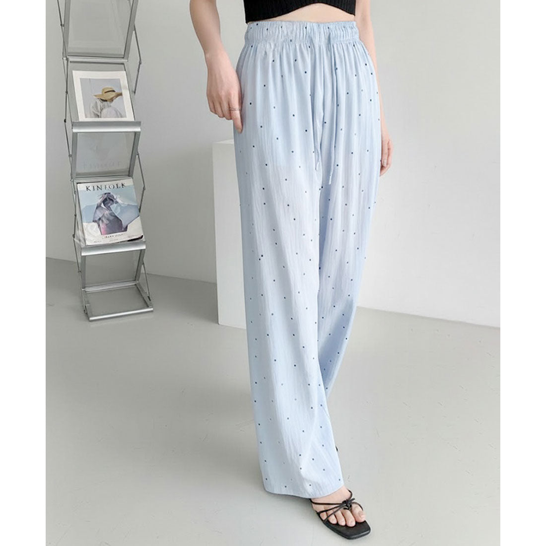 リアルスタイル REAL STYLE ワイドパンツ レディース 春 夏 ドット柄 丈長め 涼しい 薄手 速乾 ボトムス ズボン ゆったり 軽量 ウエストゴム ラフ 韓国 部屋着 （ピンク） ピンク