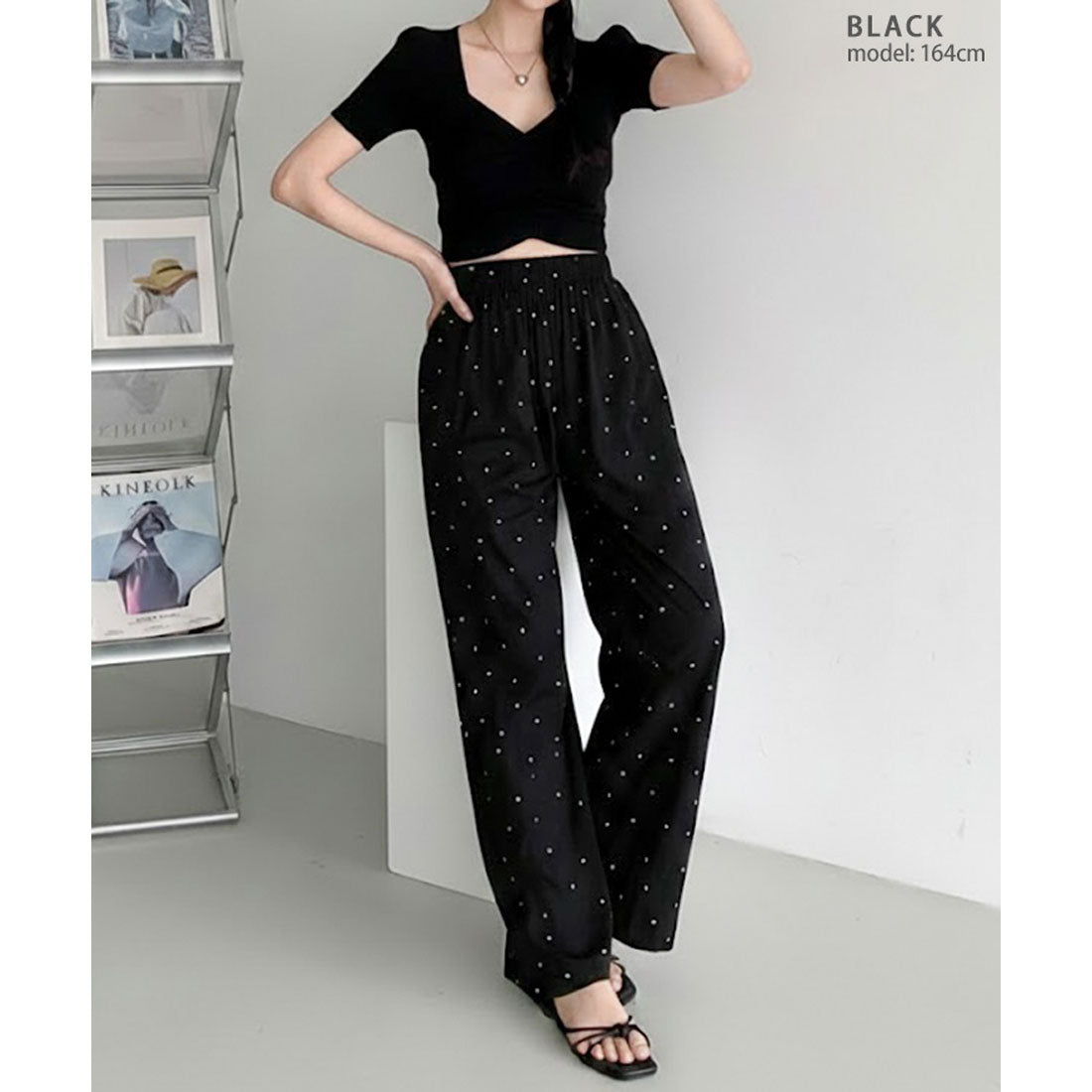 リアルスタイル REAL STYLE ワイドパンツ レディース 春 夏 ドット柄 丈長め 涼しい 薄手 速乾 ボトムス ズボン ゆったり 軽量 ウエストゴム ラフ 韓国 部屋着 （ピンク） ピンク