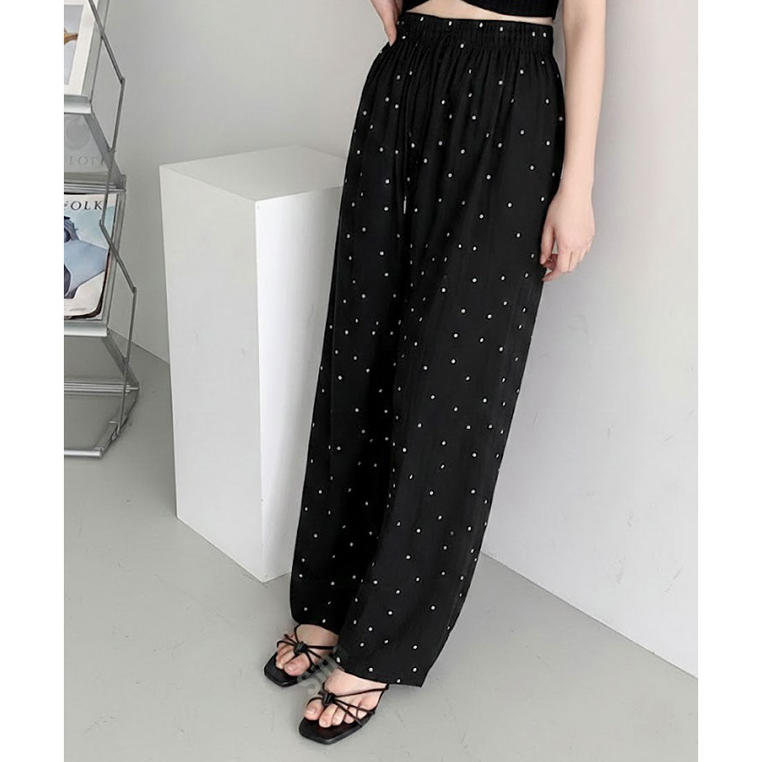 リアルスタイル REAL STYLE ワイドパンツ レディース 春 夏 ドット柄 丈長め 涼しい 薄手 速乾 ボトムス ズボン ゆったり 軽量 ウエストゴム ラフ 韓国 部屋着 （ピンク） ピンク