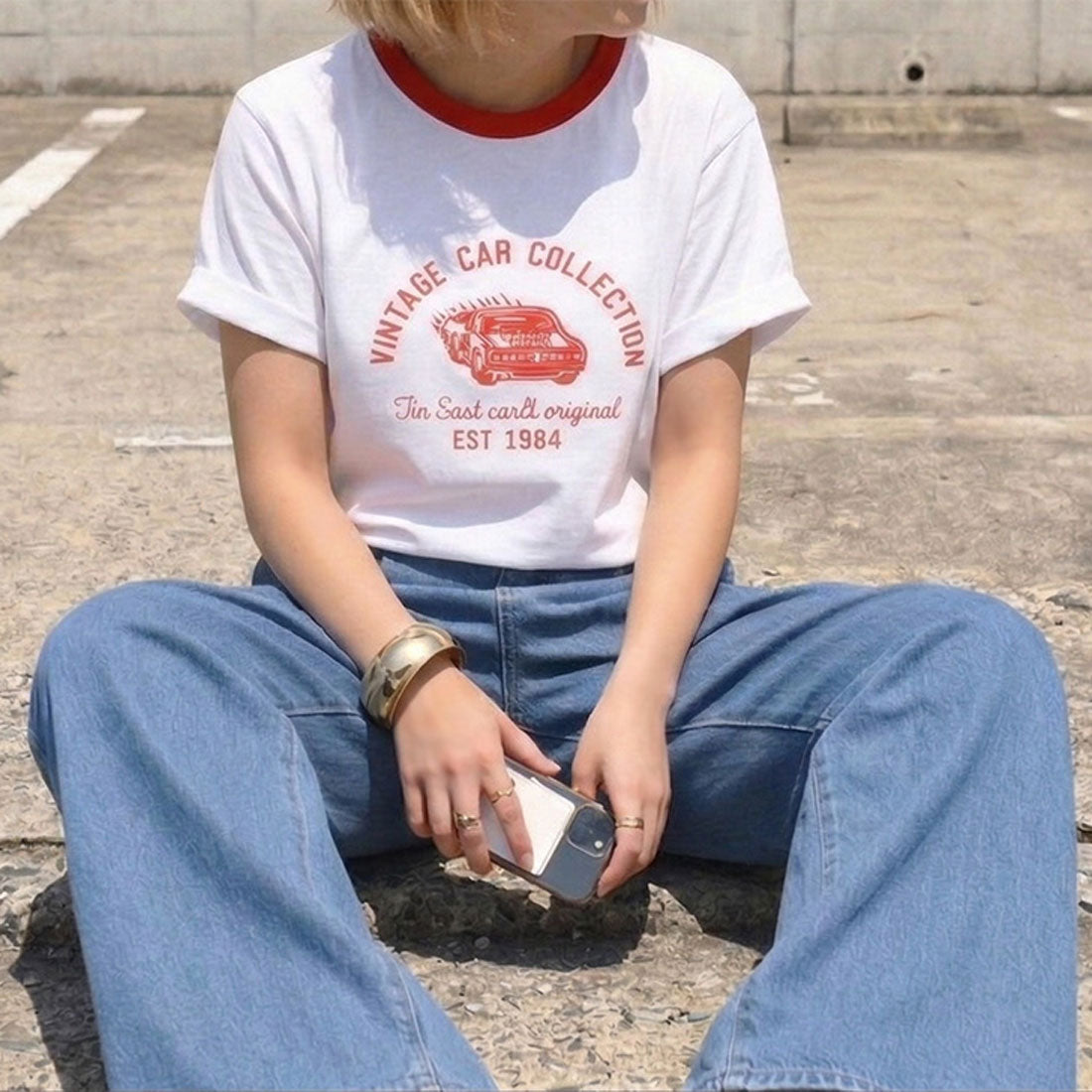 リアルスタイル REAL STYLE Tシャツ カットソー レディース 半袖 薄手 春 夏 コットン 綿 ロゴ イラスト プリント トップス 丸首 シンプル ロゴT 韓国 配色 韓国ファッション チンチャコリア （ブラック） ブラック