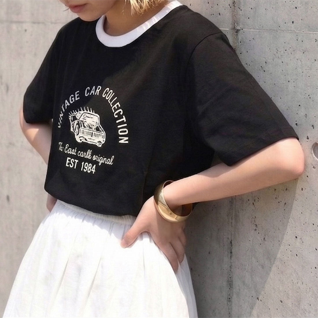 リアルスタイル REAL STYLE Tシャツ カットソー レディース 半袖 薄手 春 夏 コットン 綿 ロゴ イラスト プリント トップス 丸首 シンプル ロゴT 韓国 配色 韓国ファッション チンチャコリア （ブラック） ブラック
