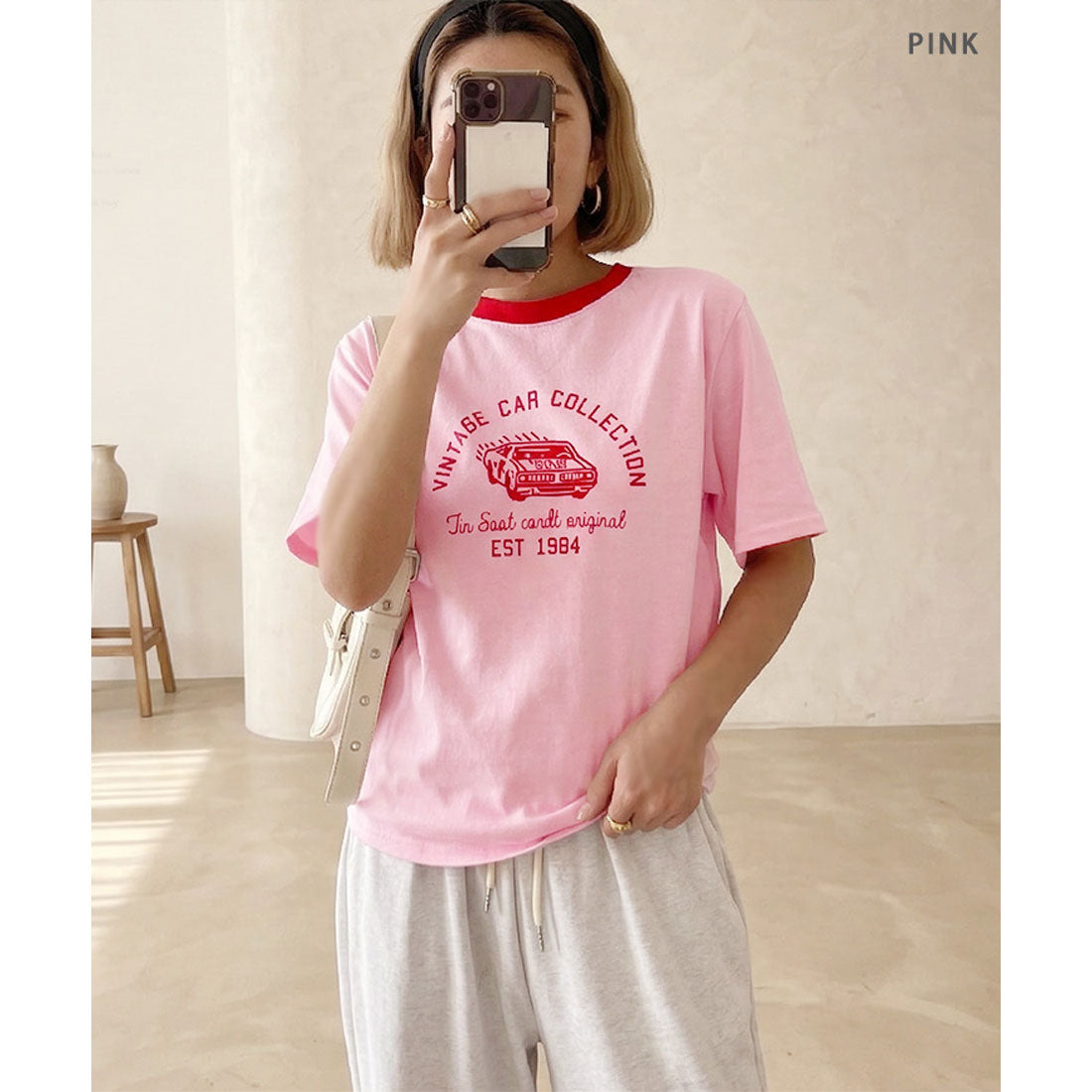 リアルスタイル REAL STYLE Tシャツ カットソー レディース 半袖 薄手 春 夏 コットン 綿 ロゴ イラスト プリント トップス 丸首 シンプル ロゴT 韓国 配色 韓国ファッション チンチャコリア （ブラック） ブラック